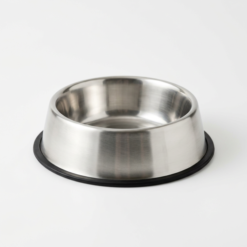 Cuenco de acero inoxidable para mascotas sobre fondo blanco